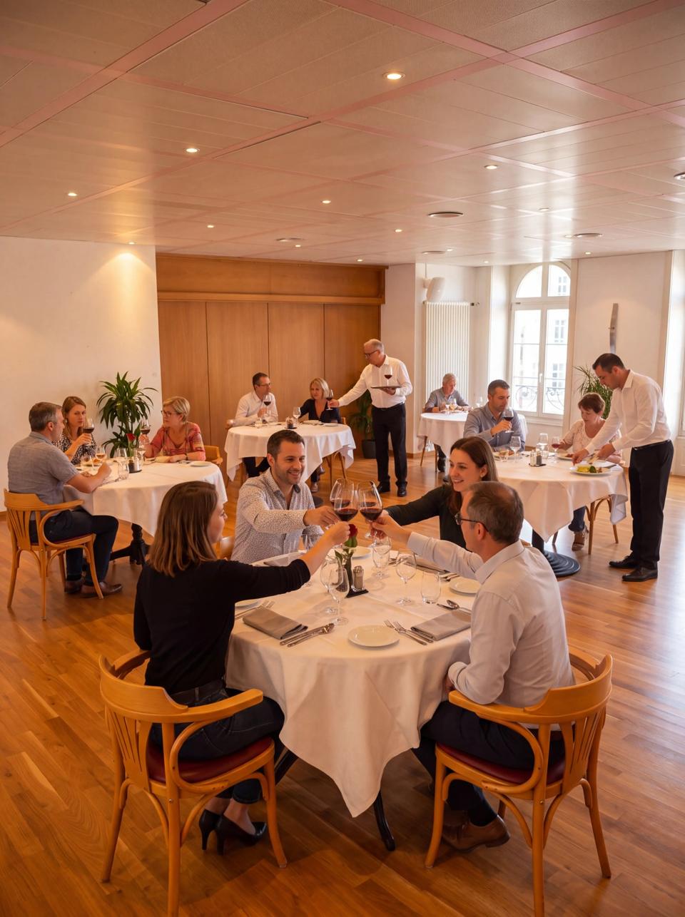 Convives autour d'une table ronde dans la grande salle