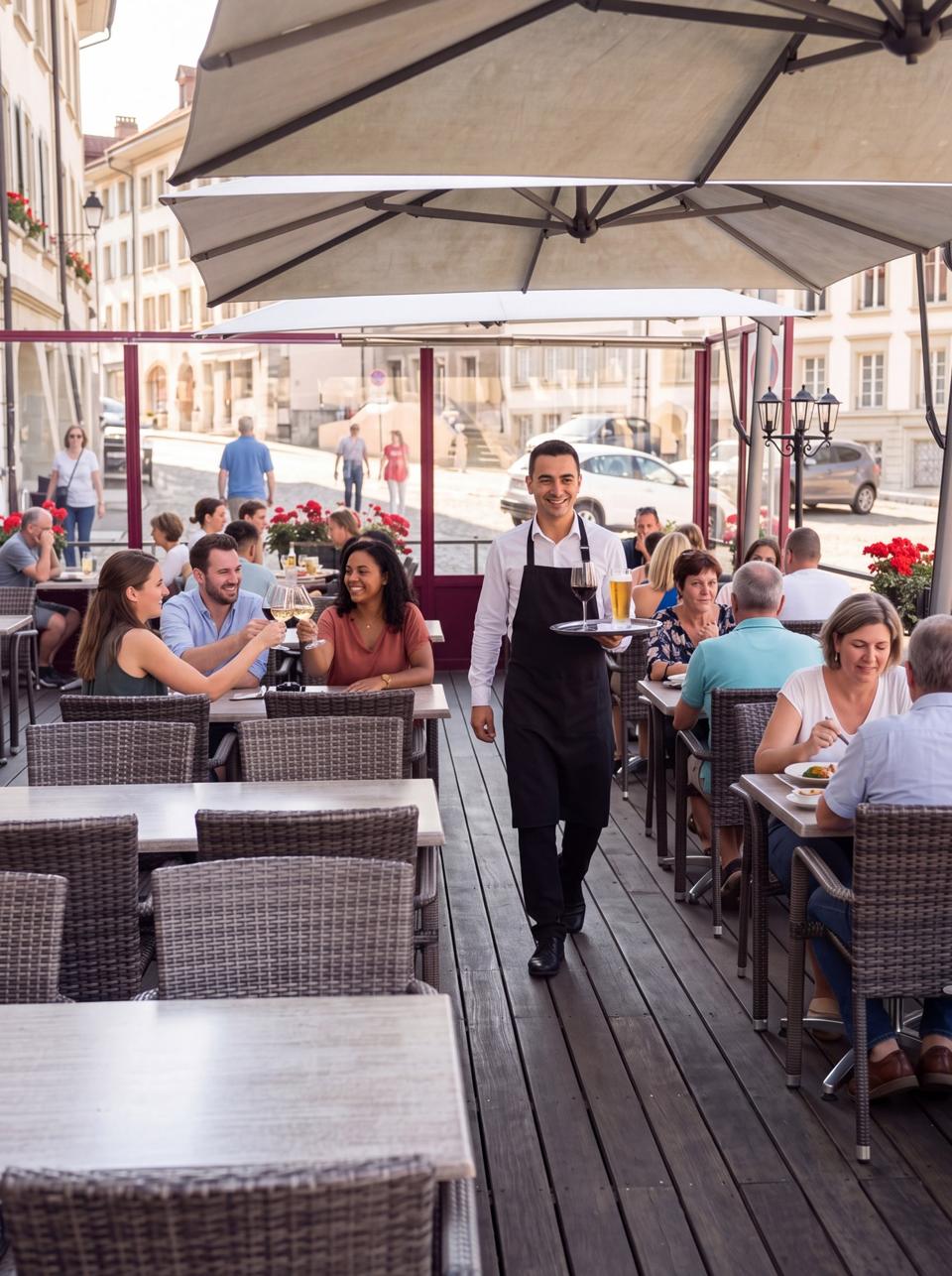 Service en terrasse sous les parasols